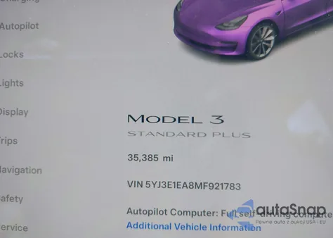 2021 Tesla Model 3 Standard Range Plus Rear-Wheel Drive from USA, damaged, VIN 5YJ3E1EA8MF921783
